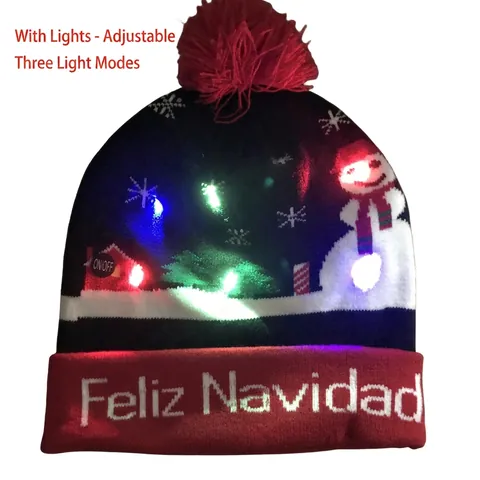LED Light Up Christmas Knit Hat Acrylic Warm Winter Beanie Colorful Glow Holiday Party Santa Snowman Reindeer Pattern
