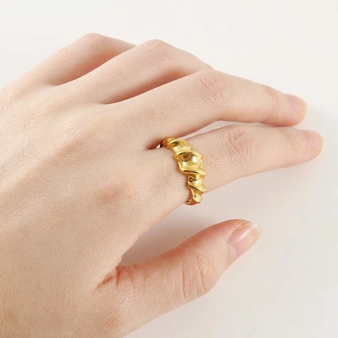 Stainless Steel Ring Irregular Twist Adjustable Open Band 18K Gold Plated Minimalist Croissant Texture Jewelry Women