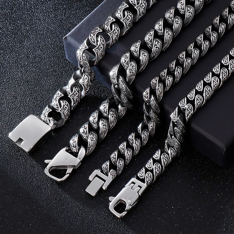 Bracciale A Catena Cubana Retrò Acciaio Inossidabile 316L Motivo Intagliato Gioielli Hip Hop Per Uomini