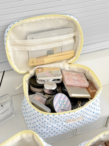Borsa Per Cosmetici Trapuntata A Pois Grande Capacità Organizzatore Trucco Da Viaggio Pochette In Cotone Con Cerniera