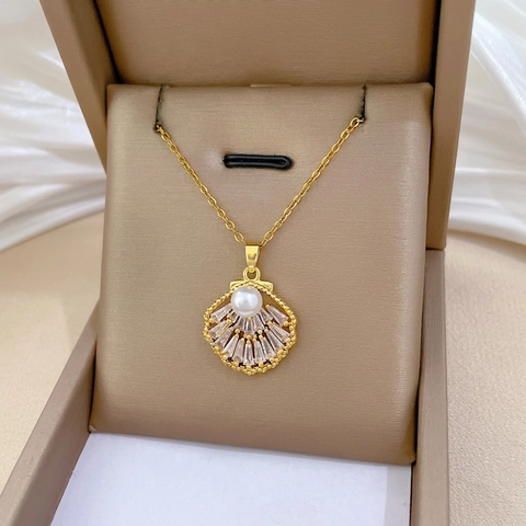 Schelp Kunstparel Zirkoon Ketting Oorbel Set Roestvrij Staal Koperen Sieraden Hol Elegant Esthetisch Accessoire Dames