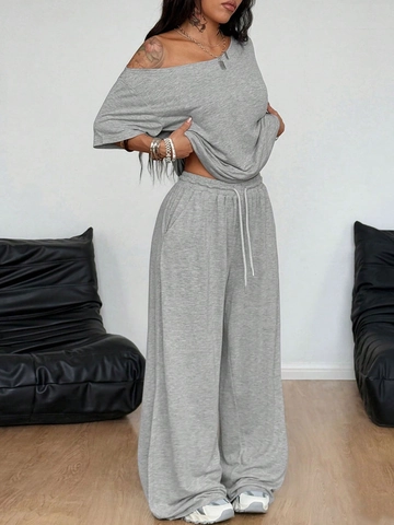 Women Casual Lounge Top And Wide Leg Pants Off Shoulder Short Sleeve Solid Color Streetwear Knit