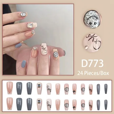 Long Coffin Press On Nails ABS Resin Rhinestone Glitter Star Smiley Face Crystal Letter Sweet Cool Style Fashionable