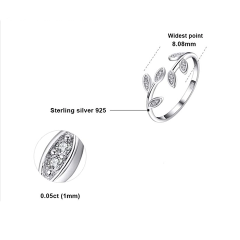 925 Sterling Silver Olive Branch Leaf Open Adjustable Ring Zircon Inlaid Elegant Nature Style Jewelry For Women