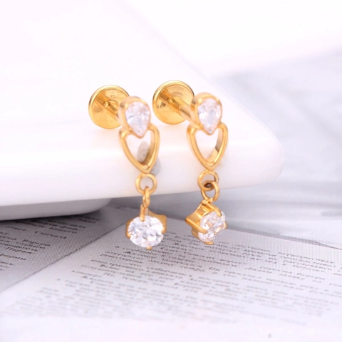 Titanium Heart Dangle Labret Stud Earrings Pear And Round Zirconia Internal Thread Flat Back Minimalist Helix Tragus Jewelry