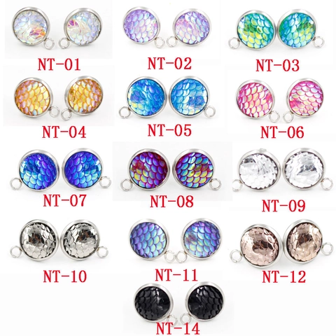 Mermaid Fish Scale Round Stud Earrings With Loops 304 Stainless Steel Resin Shiny Holographic Jewelry Accessories Women