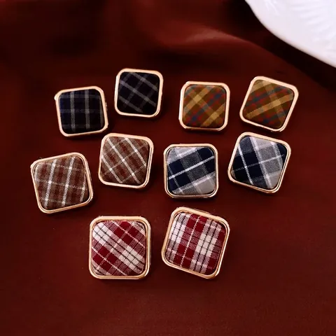Square Stud Earrings Alloy Plaid Fabric With 925 Sterling Silver Earring Post Retro Vintage Fashion Jewelry For Women