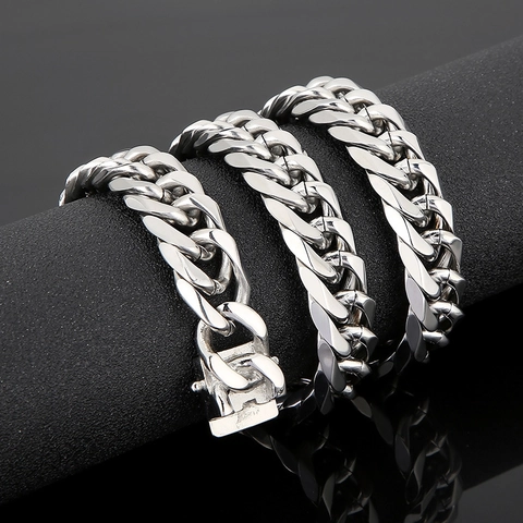 Collar De Cadena Cubana Pesada Hombre Hip Hop Acero Inoxidable Pulido Color Plata Joyería Streetwear Punk Cierre De Caja