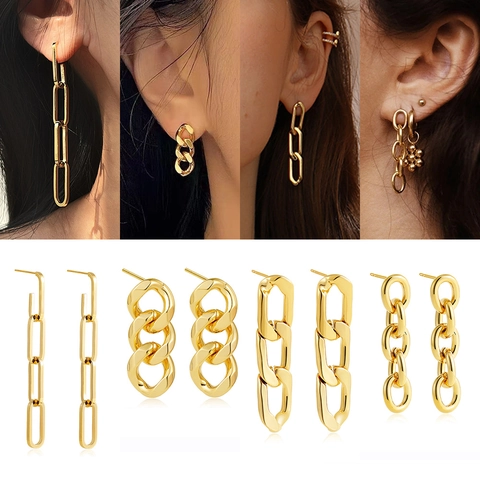 18K Vergoldete Kette Ohrhänger Für Damen Lange Kubanische Glied Ohrringe Modeschmuck Geometrische Schlaufen Ohrringe