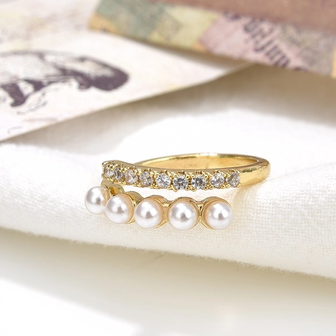 Baroque Minimalist Artificial Pearl Zirconia Adjustable Ring For Women Copper Gold Plated Open Ring Personalized Jewelry