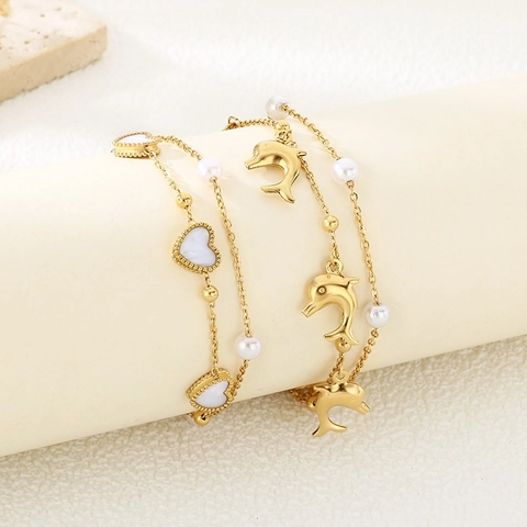 Dubbellaagse Roestvrijstalen Armband En Enkelband Met Hart Dolfijn Hangers En Imitatieparels Strand Oceaan Stijl Voor Vrouwen