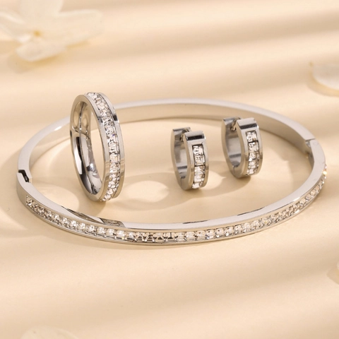 Titansihrer Schmuck Quadratische Zirkonia Armreif Und Ring Und Ohrringe Minimalistischer Luxus Elegant Damen Mode