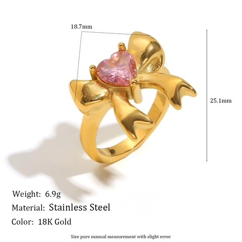 Bow Ring Heart Pink Zircon 18K Gold Plated Stainless Steel Fashion Jewelry For Women Elegant Niche Style Accessories