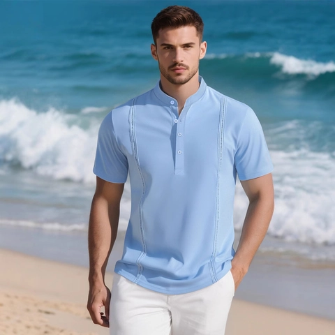 Maglia Henley Da Uomo Manica Corta Traspirante Poliestere Pintuck Decorativo Top Estate Spiaggia Vacanza