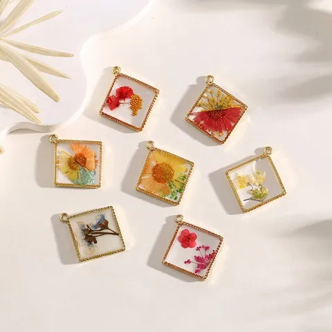 Pendenti Fatti A Mano Quadrati Rombi Lega Resina Fiori Secchi Reali Ciondoli Accessori Per Creazione Gioielli DIY Stile Floreale Vintage