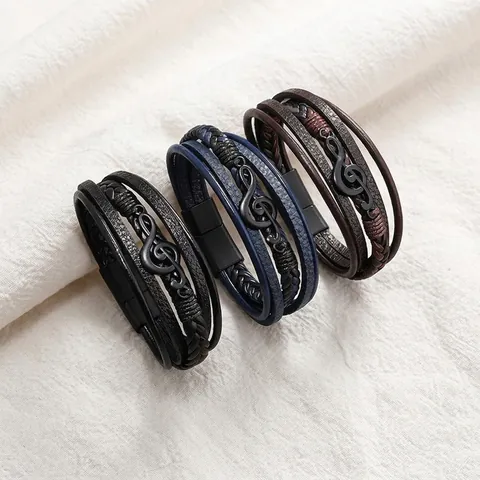 Herren Lederarmband Mehrlagig Geflochten Edelstahl Musiknote G-Clef Magnetverschluss Vintage Punk Stil Schmuck