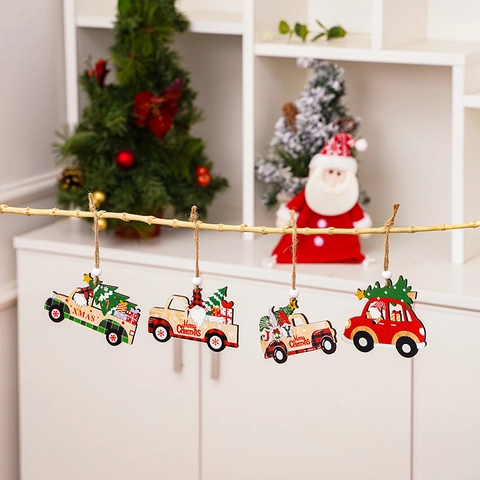 Christmas Wooden Car Ornaments Gnome Faceless Doll Xmas Tree Hanging Decorations Retro Truck Wood Pendants For Holiday Decor