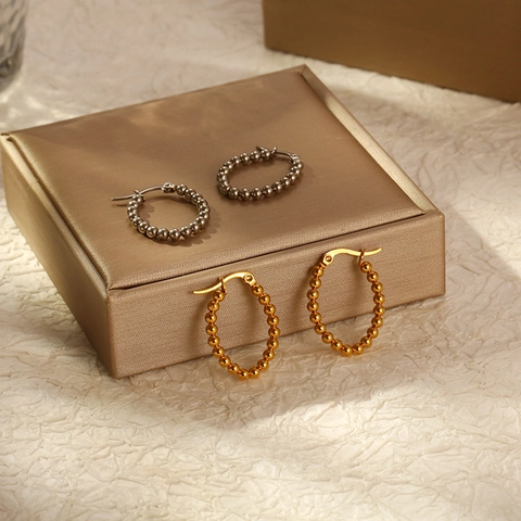 Boucles D'oreilles Créoles Ovales Acier Inoxydable Plaqué Or Minimaliste Géométrique Perles Métalliques Bijoux De Mode Pour Femmes