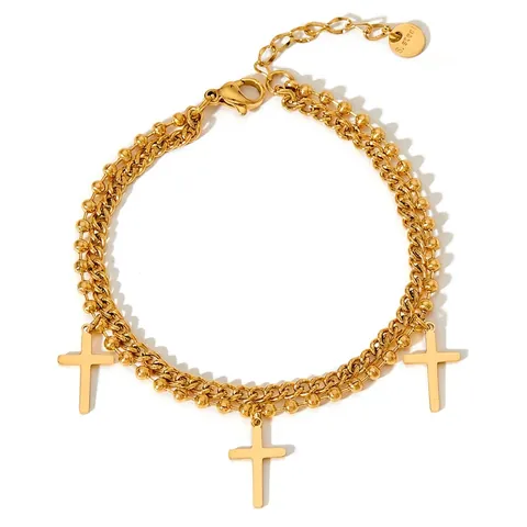 Bracciale Doppio Strato Acciaio Inossidabile Ciondolo Croce Uomo Donna Catena A Sfere Minimalista Gioielli Trendy