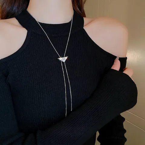 Collar Largo De Aleación Con Colgante De Triángulo Y Diamantes De Imitación Borla En Y Cadena De Jersey Joyas Minimalistas Para Mujer