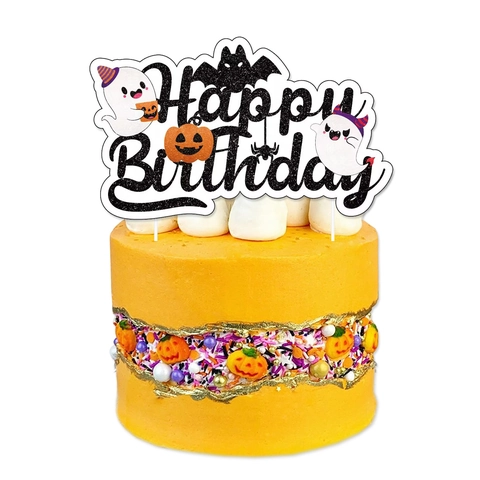 Halloween Happy Birthday Cake Topper Black Glitter Paper Pumpkin Ghost Bat Spider Party Decoration Supplies