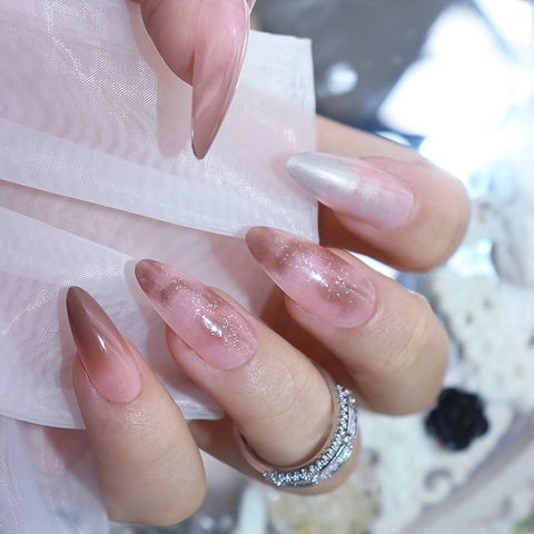 Almond Press On Nails Gradient Leopard Print Glitter Cat Eye Glossy Long False Fingernails For Women Girls