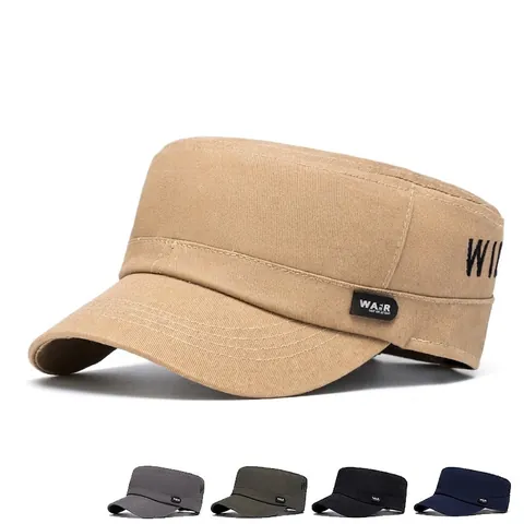 Flat Top Cadet Hat Cotton Breathable Adjustable Sun Protection Outdoor Military Style Casual Cap For Men