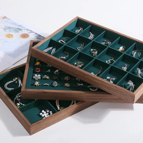 Walnut Wood Jewelry Display Tray Velvet Lining Ring Necklace Storage Organizer Stackable Desktop Drawer Insert