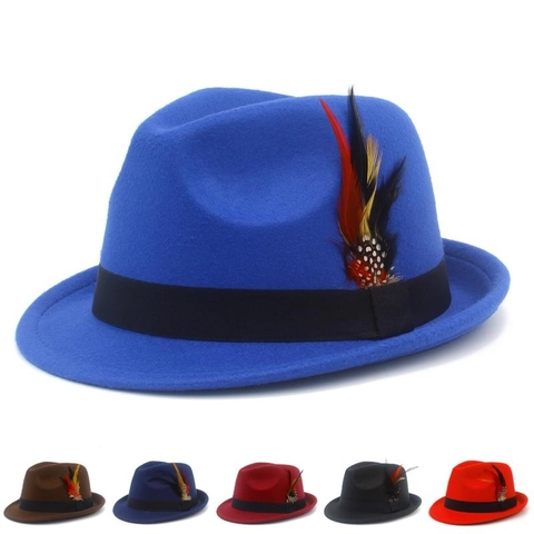 Klassischer Fedora Hut Polyester Wollfilz Mit Bunter Feder Schleife Retro Britischer Stil Jazz Trilby