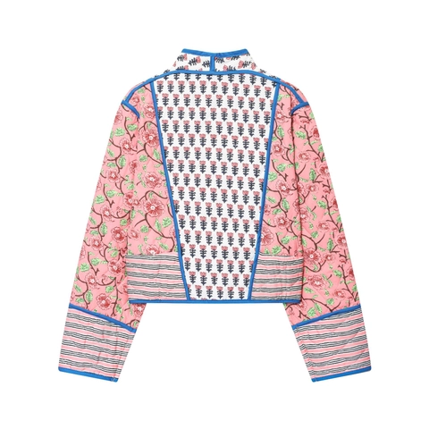 Bohemian Patchwork Quilted Jacket Women Floral Print V Neck Cotton Polyester Short Outerwear Casual Ethnic Vintage Style