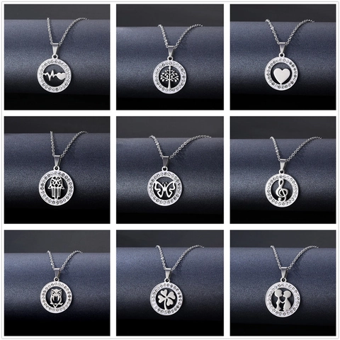 Stainless Steel Round Hollow Pendant Necklace Geometric Rhinestone Pave Fashion Clavicle Chain Jewelry For Women