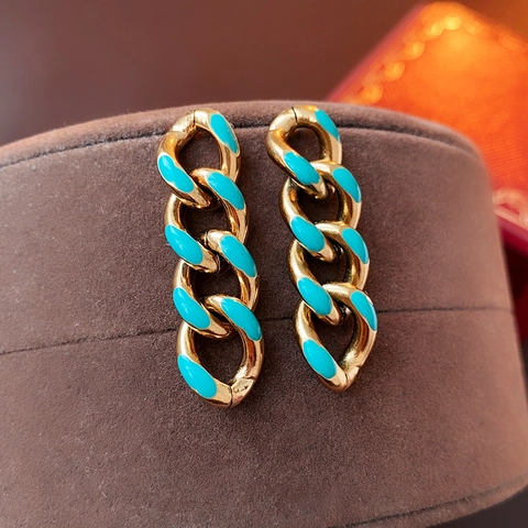 Vintage Cuban Chain Earrings With Turquoise Enamel Inlay Stainless Steel Jewelry With Silver Earring Post For Women