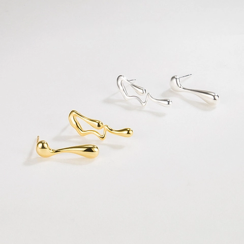 Orecchini Stile Metallo Liquido Asimmetrici Argento Sterling 925 Irregolari Geometrici Minimalisti Tendenza Per Donna