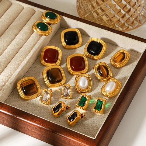 Vintage French Style Stainless Steel Stud Earrings For Women 18K Gold Plated Retro Luxury Geometric Faux Gemstone Jewelry