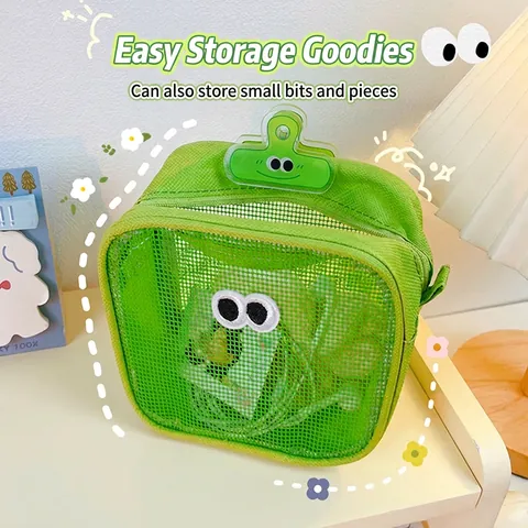 Cartoon Eyes Mesh Makeup Bag Portable Travel Toiletry Pouch Transparent Cosmetic Organizer Handbag Stationery Storage