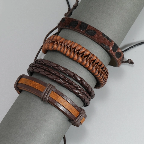 Vintage Braided Leather Bracelets For Men Leopard Print PU Leather Hand Woven Bohemian Punk Style Wristbands Adjustable Cord