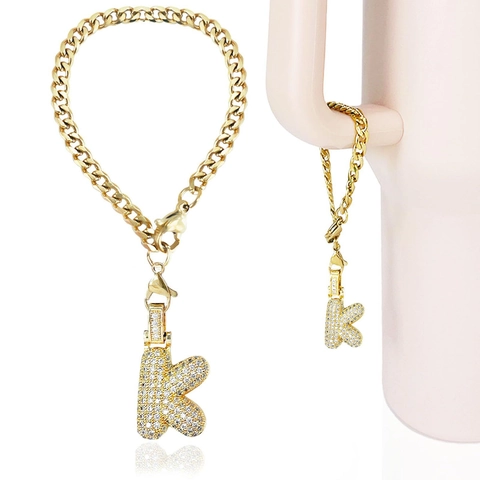 Hip Hop Copper Rhinestone Bubble Letter Cup Handle Charm Gold Plated Alphabet Tumbler Pendant Personalized Jewelry Accessory