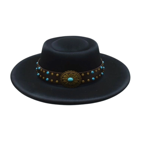 Western Cowboy Vilten Fedora Hoed Brede Rand Retro Etnische Turquoise Leren Riem Jazz Pet Voor Heren Dames