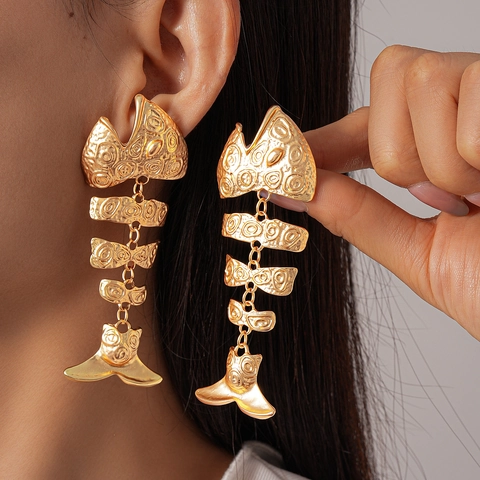 Exaggerated Fishbone Drop Earrings For Women Alloy Fish Skeleton Dangle With 925 Sterling Silver Earring Post Vintage Punk