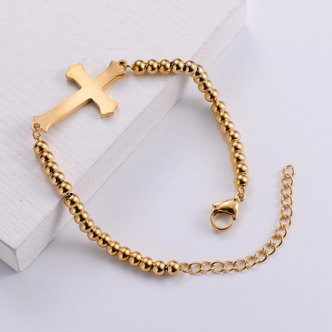 Bracciale Con Pendente A Croce In Acciaio Inossidabile 316L Con Strass Pave Catena Di Perline Tonde Gioielli Regolabili Da Donna