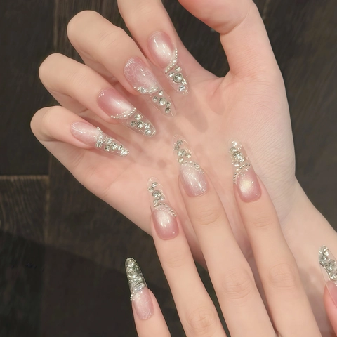 Handgefertigte Aufpressnägel Transparentes Nude Rosa Katzenauge Sternenhimmel Strass Perle Luxus Falsche Nägel Für Damen