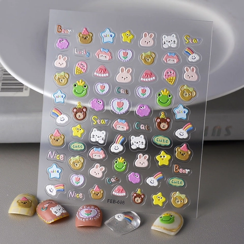 5D Relief Nail Art Stickers Cartoon Animal Bear Rabbit Design Embossed Manicure Decoration Accessories Macaron Style