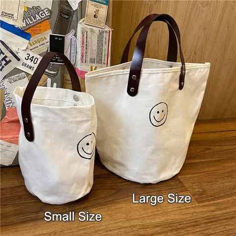 Retro Französische Punkte Canvas Eimertasche Für Frauen Lässige Handtasche Mit Ledergriff Und Metallnieten Süßes Smiley