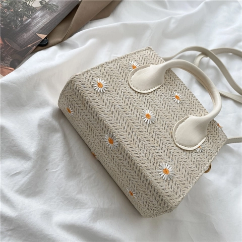 Daisy Stickerei Stroh Umhängetasche Kleine Quadratische Gewebte Handtasche Mit Kunstlederriemen Sommer Strand Stil Damen
