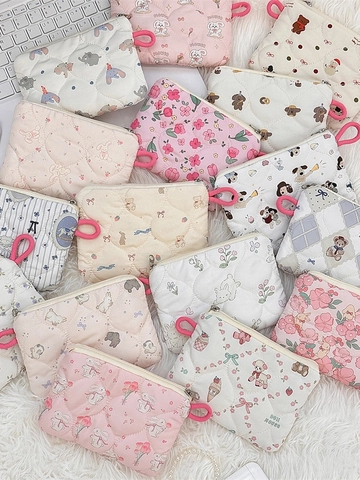 Quilted Polyester Mini Coin Purse Portable Cartoon Zipper Pouch Makeup Storage Bag With Hand Loop For Women Girls