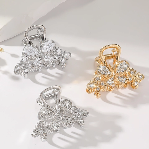 Butterfly Hair Claw Clip Alloy Rhinestone Faux Artificial Pearl Mini Elegant Styling Accessory For Women