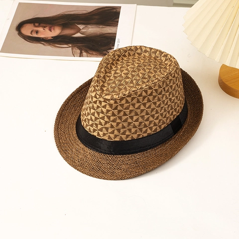 Zomer Geweven Fedora Hoed Stro Zonbescherming Strand Jazz Cap Met Geometrisch Patroon En Lint