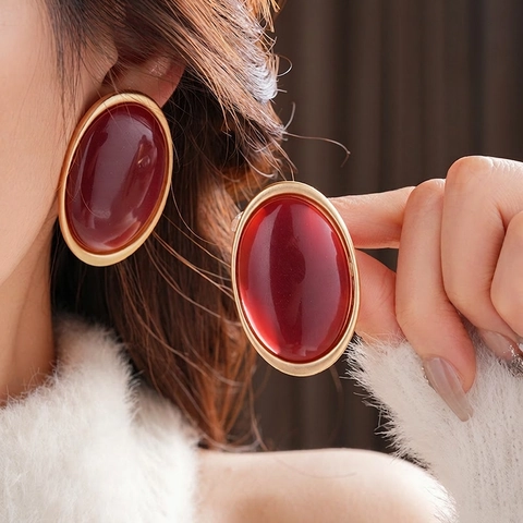 Pendientes Botón Resina Ovalada Vintage Con Silver Earring Post Rojo Oro Contraste Estilo Francés Joyería Mujer