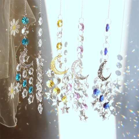 Crystal Suncatcher Moon Star Prism Hanging Ornament Bohemian Rainbow Maker For Home Window Decor Metal Alloy Craft