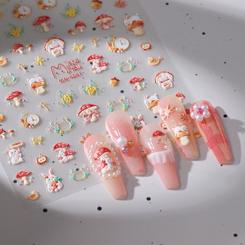3D Relief Nail Art Stickers Forest Rabbit Mushroom Pattern Self Adhesive DIY Decals Ultra Thin Waterproof Manicure Decoration